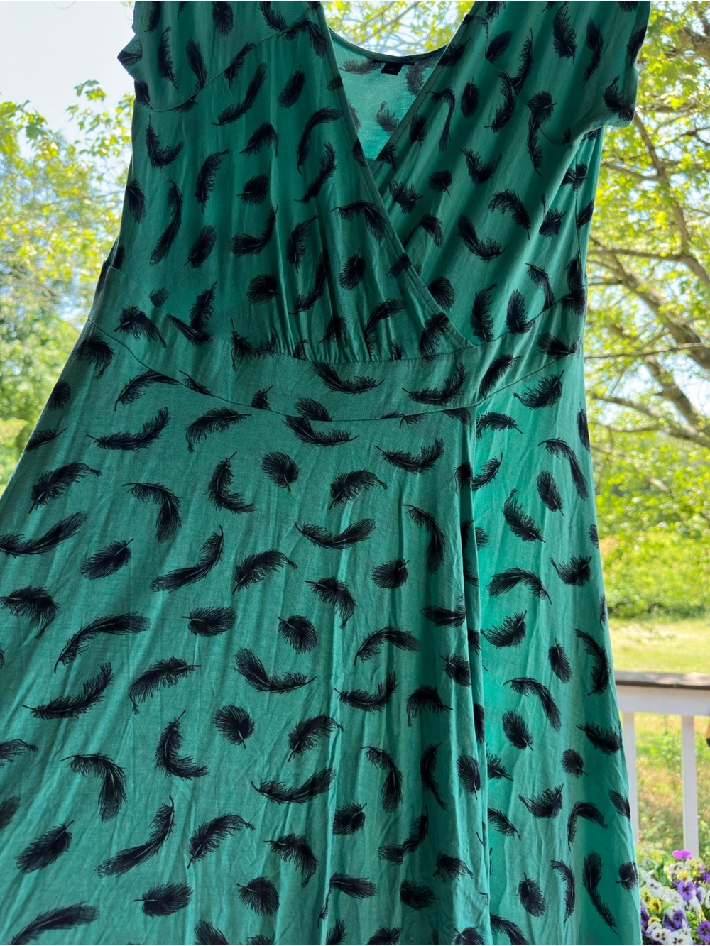 Torrid Teal Feather-Print Fake Wrap dress - Picture 2 of 4